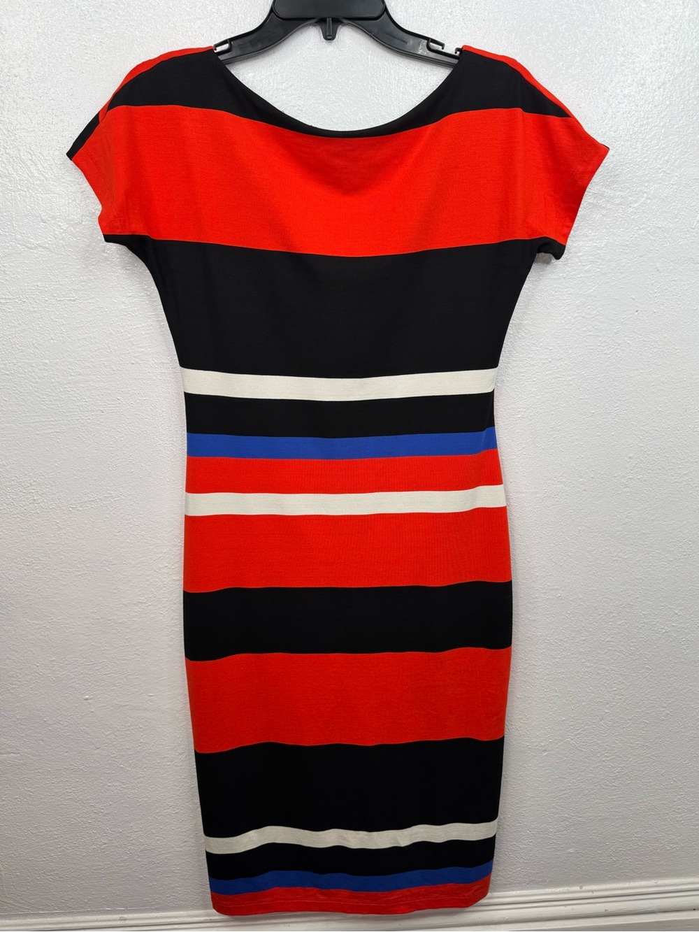 Isabel de Pedro Midi Dress Womens Size 10 Red Black Stripe Sheath V-Neck